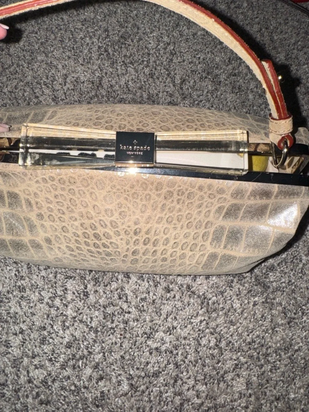 Kate Spade Croc Embossed Clutch w/ Acrylic Frame Handle | Neutral Beige Glam